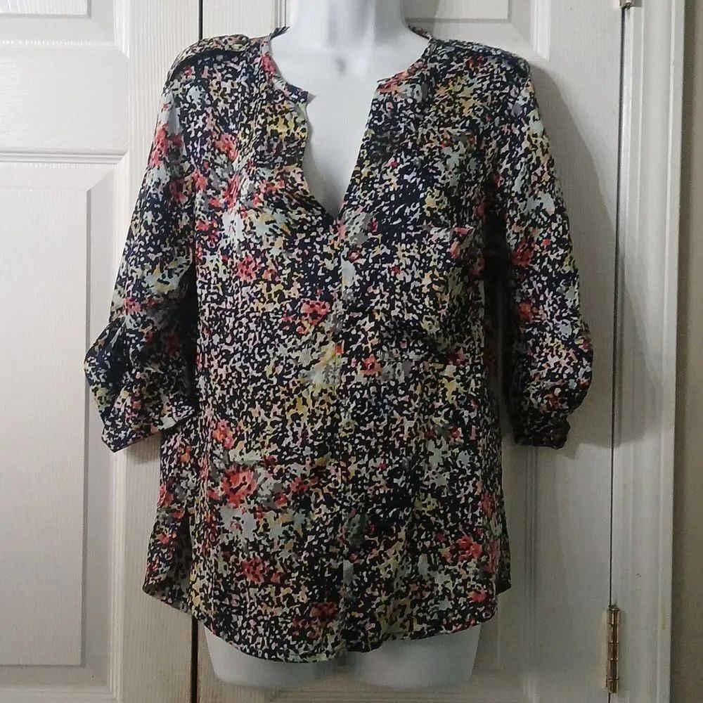 Aqua multicolor chest pocket sheer blouse Sz S NWOT